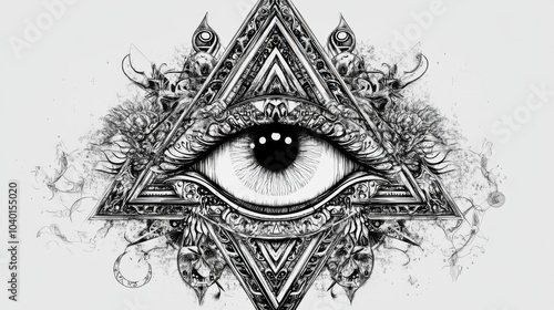 The All-Seeing Eye of the Illuminati inside a triangle, with intricate geometric patterns surrounding it, rendered in a mystical, symbolic black and white design. photo