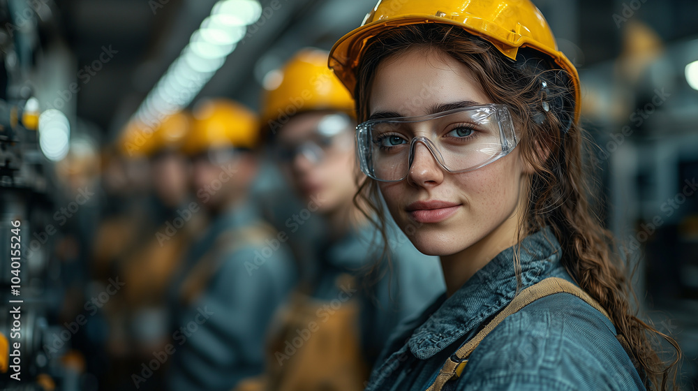 Young female engineer in protective gear working in an industrial setting. Young female engineer in protective gear working in an industrial setting.