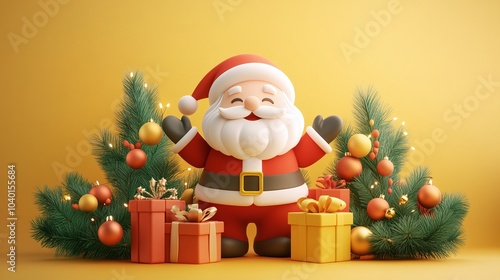 3D Cheerful Santa with Holiday Gifts and Pine Decor
