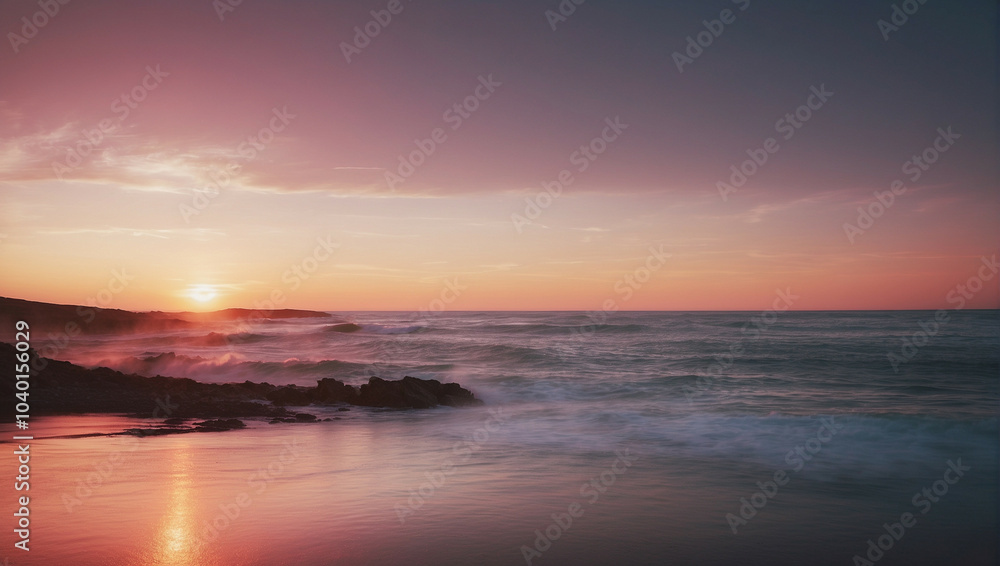 Vivid sunset over calm waves at a coastal shoreline during early evening Vivid sunset over calm waves at a coastal shoreline during early evening