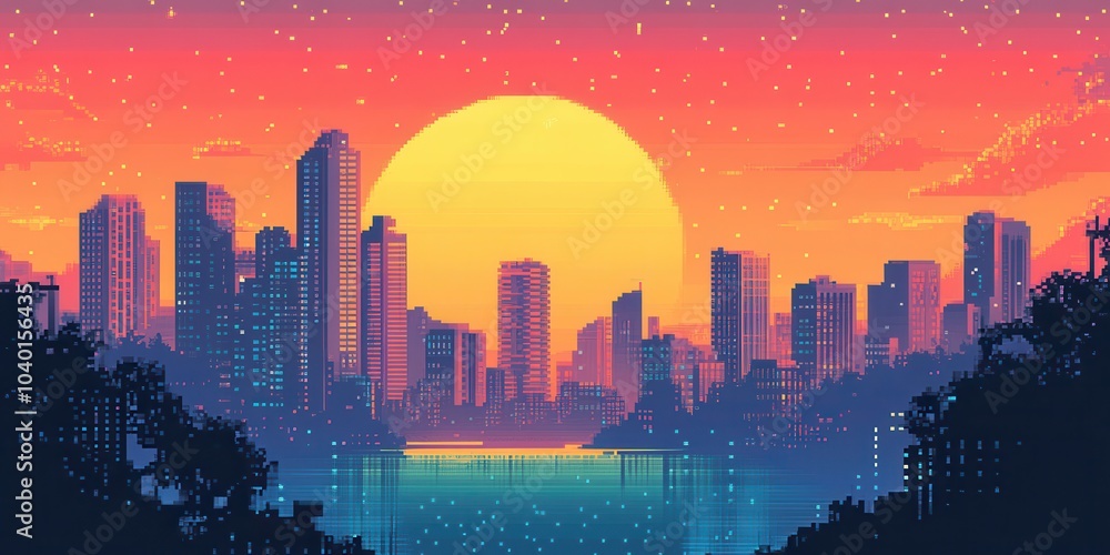 Fototapeta premium Sunset over a vibrant city skyline with colorful reflections in the water.