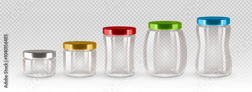 Five transparent glass jars with colorful lids in varying sizes arranged in a row on a transparent background. Canning and storage vector illustration.