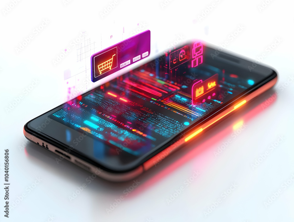 Flat Smartphone White Background Holographic Credit Card Shopping Cart Icons Online Payments E-commerce Marketing Close Up Vector Illustration Smart Business Tone Copy Space Flat Smartphone White Background Holographic Credit Card Shopping Cart Icons Online Payments E-commerce Marketing Close Up Vector Illustration Smart Business Tone Copy Space