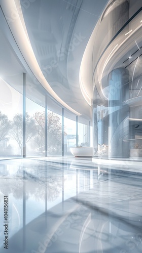 Interior embodies modern elegance with sleek design elements like white marble floor & semi-circular white wall. Natural light & outdoor view add depth & balance to futuristic space. photo