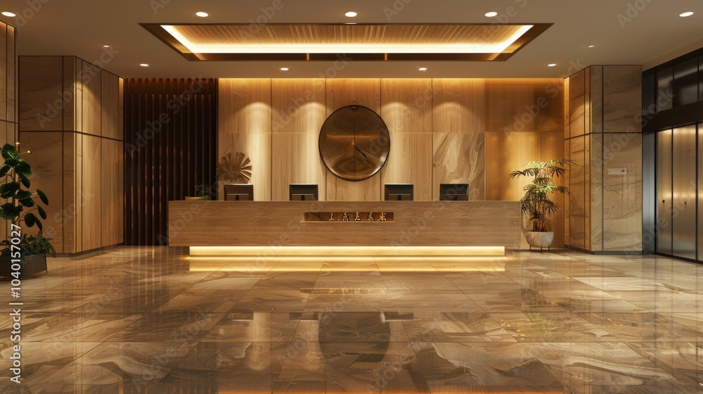 The modern hotel lobby is elegant with a wooden reception desk, marble floors, greenery, and computers. Decor includes a clock and wooden details for a warm atmosphere. The modern hotel lobby is elegant with a wooden reception desk, marble floors, greenery, and computers. Decor includes a clock and wooden details for a warm atmosphere.