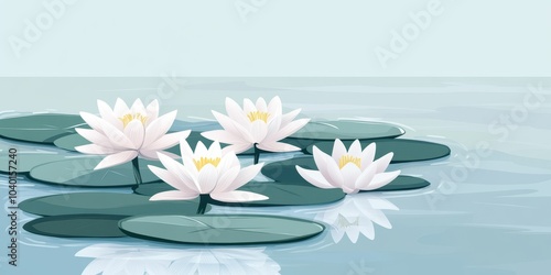 White water lilies blooming on calm water surface, serene nature scene.