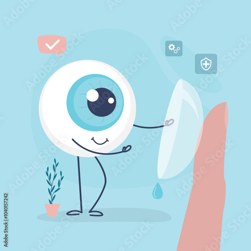 Finger holds contact lens and install on eyeball to improve vision or change eye color. Funny eye character uses lenses for vision correction. Nearsightedness or farsightedness.