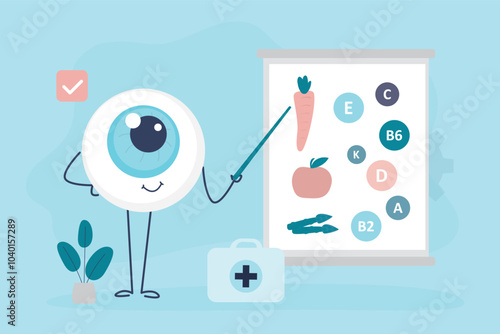 Best foods for healthy eyes infographic. Human eyeball presenting poster with vitamins and healthy food. Good vision, preserving of eye optical system health,