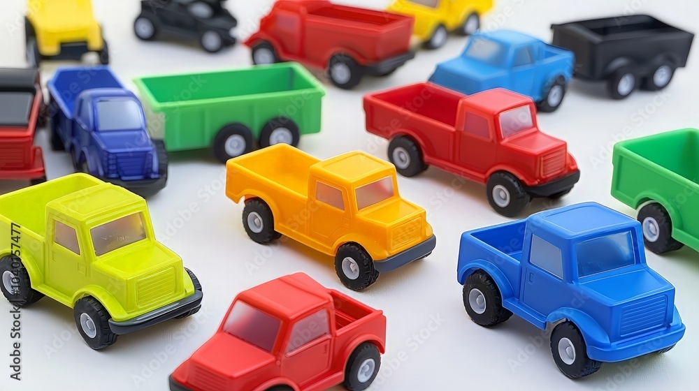 A collection of colorful toy trucks on a white background. A collection of colorful toy trucks on a white background.