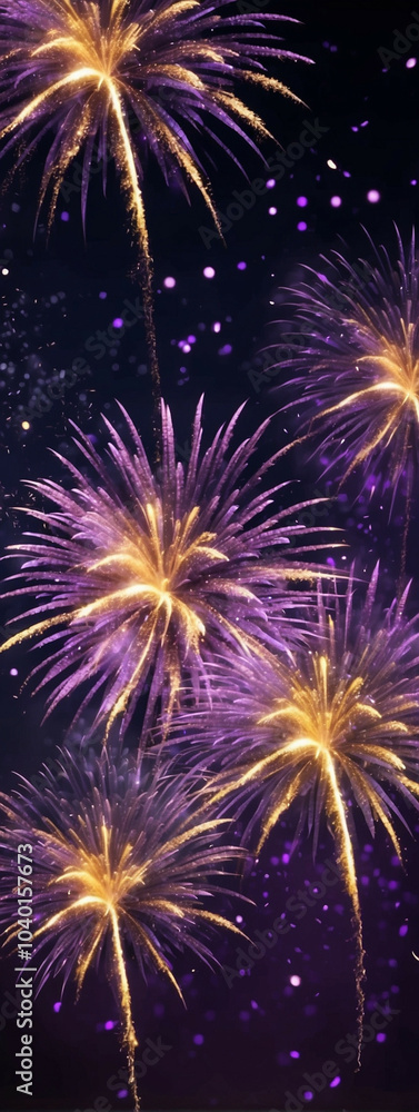 Golden and violet fireworks light up the night sky Golden and violet fireworks light up the night sky
