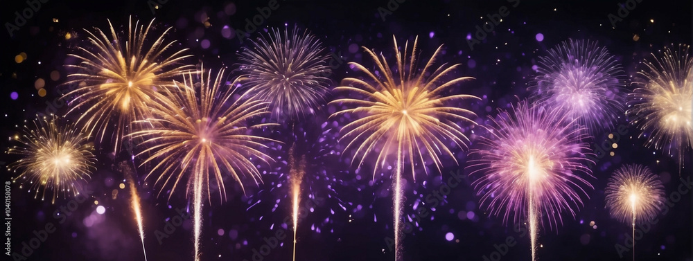 Naklejka premium Golden and violet fireworks light up the night sky on New Year's Eve