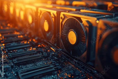 High-tech computer hardware with graphics cards illuminated in an orange glow during late evening photo