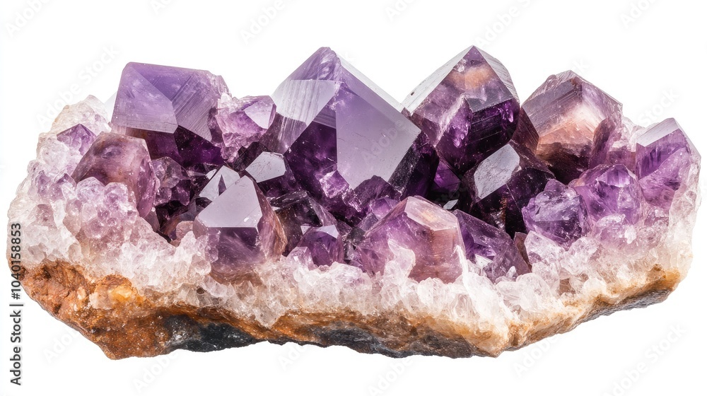A cluster of raw amethyst crystals, with purple hues glowing in contrast against a smooth white background A cluster of raw amethyst crystals, with purple hues glowing in contrast against a smooth white background