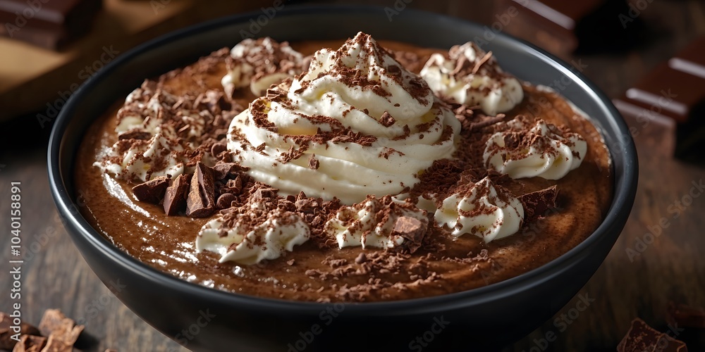 A rich chocolate dessert topped with whipped cream and chocolate shavings in a bowl. A rich chocolate dessert topped with whipped cream and chocolate shavings in a bowl.