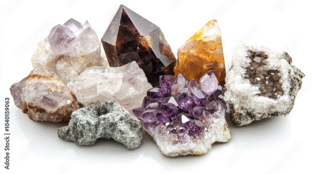 A cluster of raw crystals, including quartz and amethyst, placed on a white background, showcasing their natural form A cluster of raw crystals, including quartz and amethyst, placed on a white background, showcasing their natural form