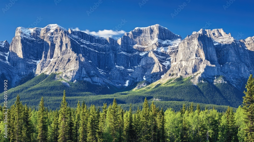 Rocky cliffs of the Canadian Rockies with clear blue skies, leaving space for text