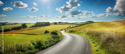 Fototapeta Naklejka Na Ścianę i Meble -  A country road runs through fields on the Isle of Wight on a sunny day creating a picturesque scene for a copy space image