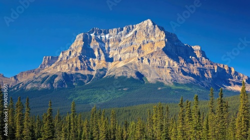 Rocky cliffs of the Canadian Rockies with clear blue skies, leaving space for text