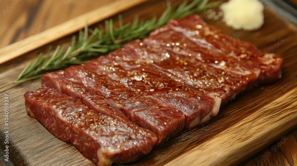 Marbled Wagyu beef steak served on a wooden platter, showcasing its premium quality Marbled Wagyu beef steak served on a wooden platter, showcasing its premium quality