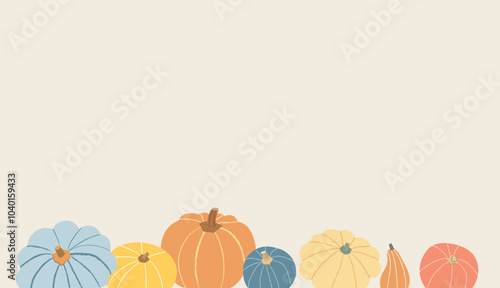 Autumn background with colorful pumpkins illustration. Copy space. Vector template with gourds for Thanksgiving, harvest festival, Halloween and more