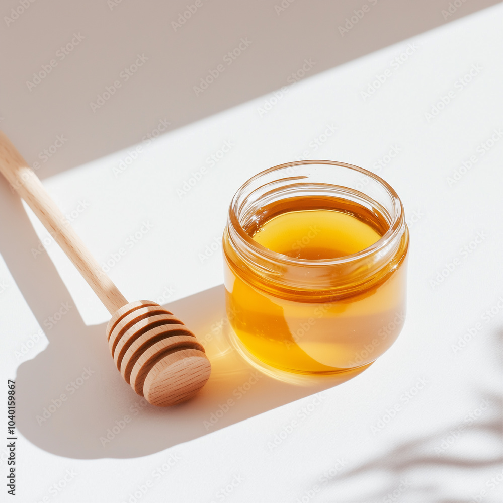 A jar of honey is poured into a spoon. The spoon is wooden and the honey is golden A jar of honey is poured into a spoon. The spoon is wooden and the honey is golden