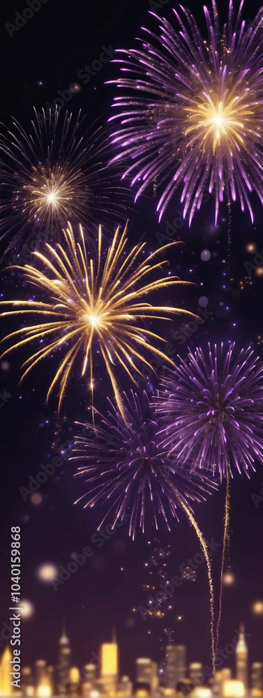 Stunning gold and dark violet fireworks illuminate the night sky on New Year's Eve Stunning gold and dark violet fireworks illuminate the night sky on New Year's Eve