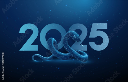 Abstract blue digital snake  and number 2025. Animal chinese symbol of the year.  Low poly style.