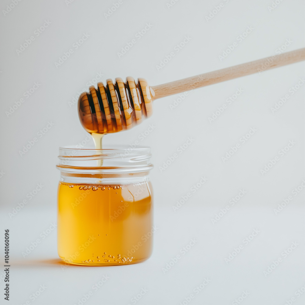 A jar of honey is poured into a spoon. The spoon is wooden and the honey is golden A jar of honey is poured into a spoon. The spoon is wooden and the honey is golden