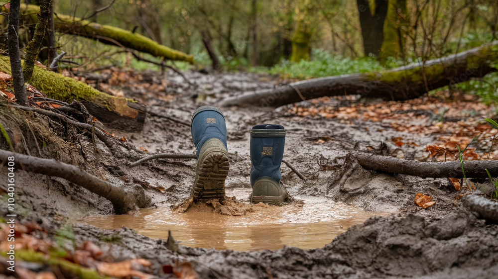 Obraz premium Trudging through muddy terrain, pair of blue boots splashes into puddle, surrounded by forest of trees and fallen leaves. scene captures essence of outdoor adventure and exploration