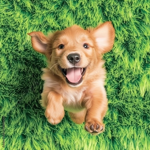 A cute puppy standing with happily smile on green grass. photo