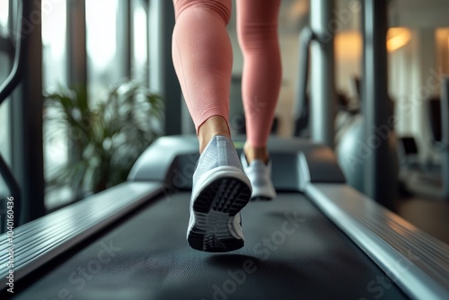 leg of woman running on treadmill in the gym which runner athletic by running shoes. Health and sport concept background, ai generated
