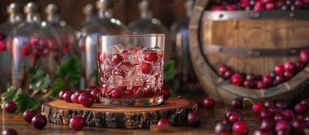 Wooden stand and background with vodka and cranberries stacked creating a visually appealing copy space image Wooden stand and background with vodka and cranberries stacked creating a visually appealing copy space image