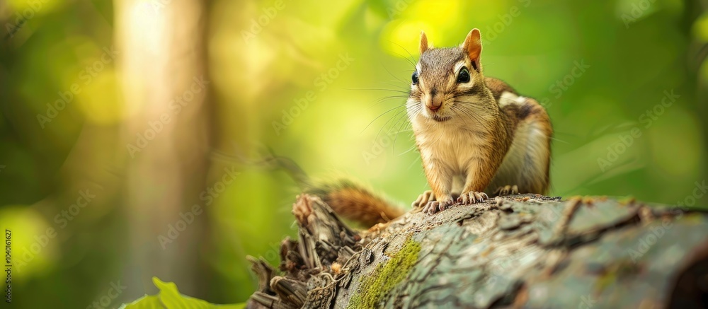 Chipmunk perched on a log with a background of copy space image Chipmunk perched on a log with a background of copy space image