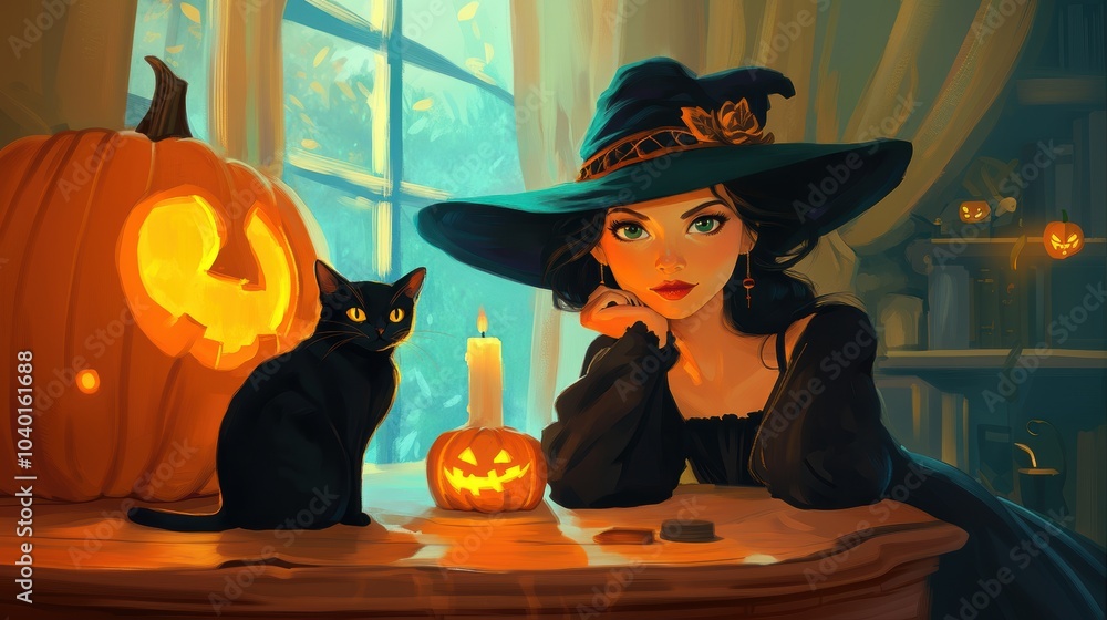 Fototapeta premium Beautiful witch with pumpkin. Halloween theme.