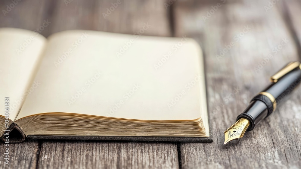Open blank notebook with elegant fountain pen on rustic wooden table Open blank notebook with elegant fountain pen on rustic wooden table