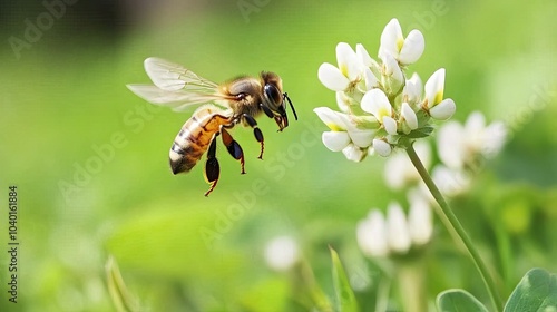 A honey bee in flight near a clover flower, preparing to land and gather pollen, with a green grassy background out of focus --chaos