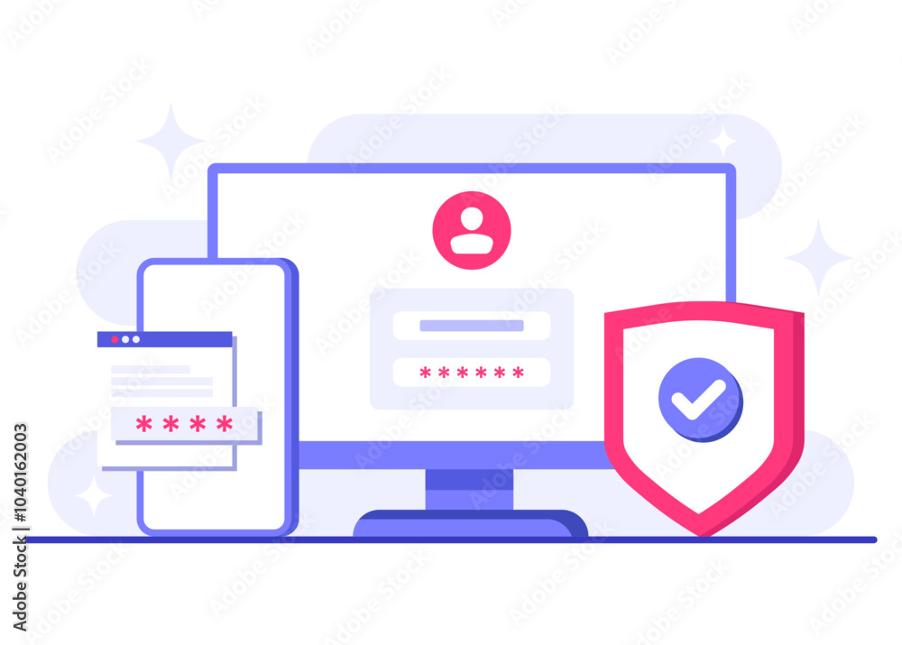 Two-step verification flat illustration vector template, OTP, Authentication password, One-time password for secure login for a account or app, Login page on computer screen Two-step verification flat illustration vector template, OTP, Authentication password, One-time password for secure login for a account or app, Login page on computer screen