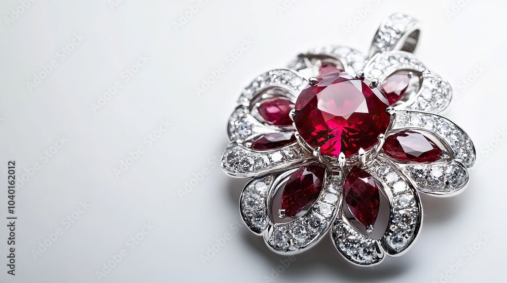 Fototapeta premium A gemstone pendant featuring a central ruby and diamond accents, placed against a white background