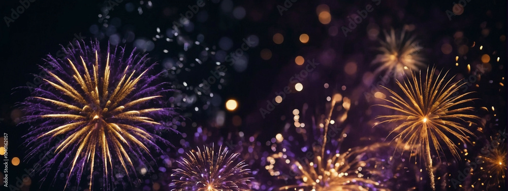 Golden and purple fireworks light up the night sky Golden and purple fireworks light up the night sky