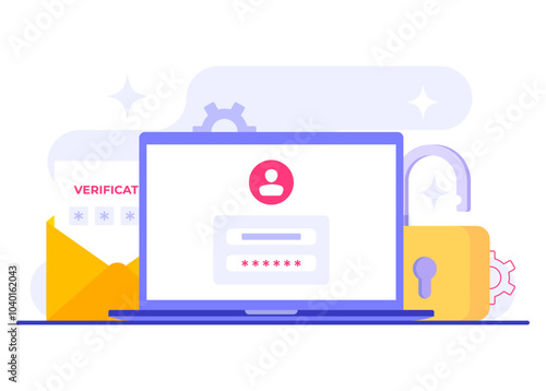 Two-step verification flat illustration vector template, OTP, Authentication password, One-time password for secure login for a account or app, Login page on laptop screen
