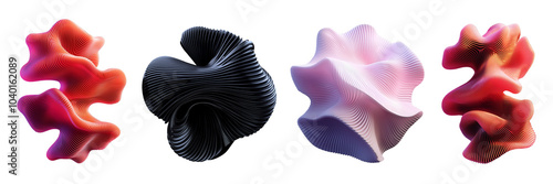 Different futuristic organic ribbed 3D shapes set. Distorted corrugated shapes trendy 3D elements. Ai generated
