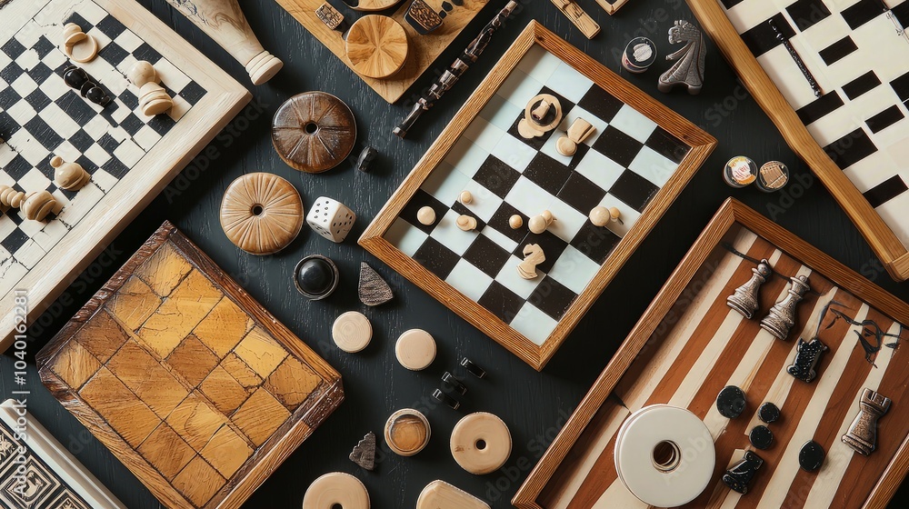 A flat lay of various board games and game pieces, including chess, checkers, and backgammon, on a black background. A flat lay of various board games and game pieces, including chess, checkers, and backgammon, on a black background.