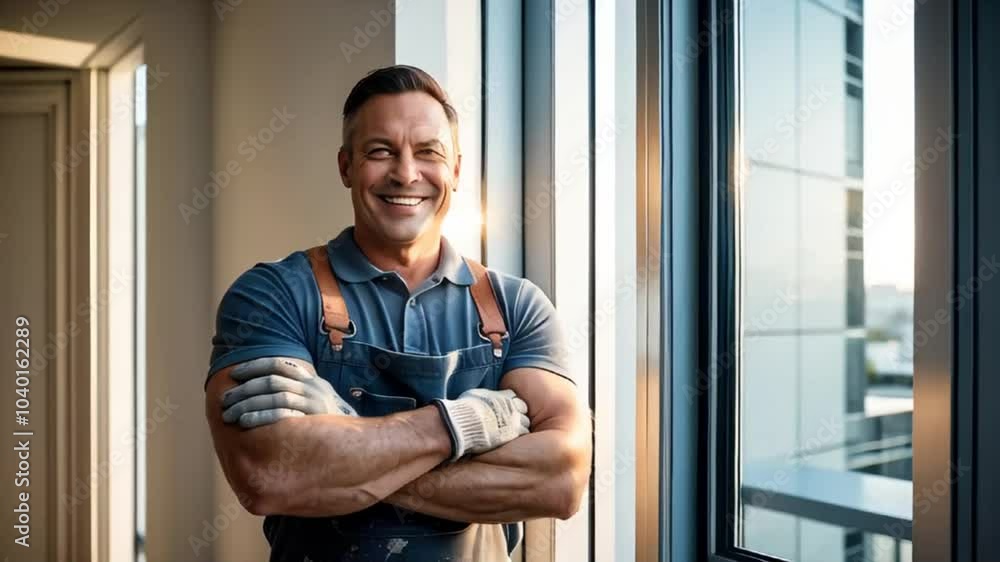 master man smiling, standing near metal-plastic windows in apartment master man smiling, standing near metal-plastic windows in apartment