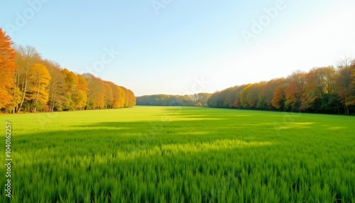  Vibrant autumn forest lining a serene green field