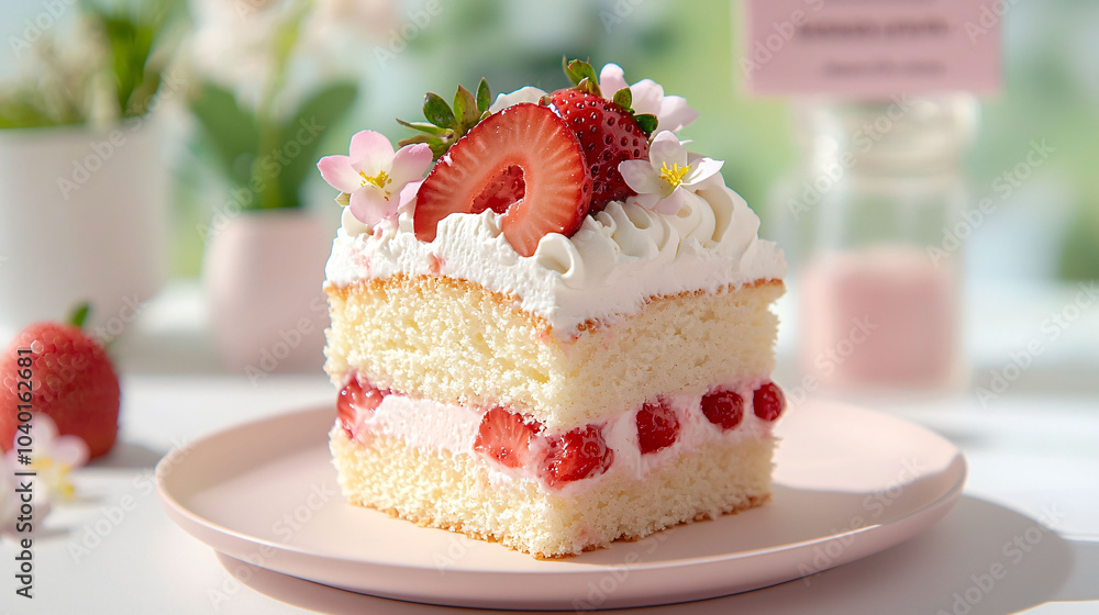 slice of fluffy sponge cake with strawberry cream and fresh strawberries, beautifully decorated slice of fluffy sponge cake with strawberry cream and fresh strawberries, beautifully decorated