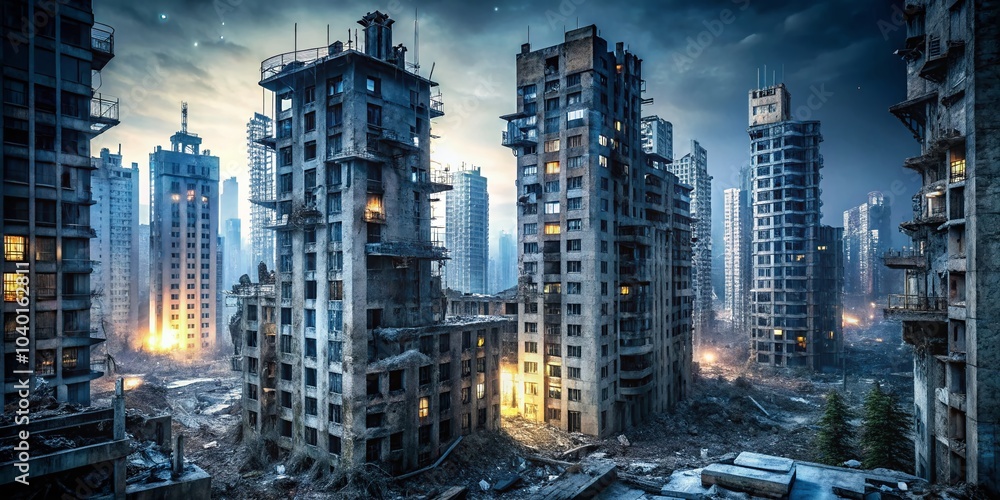 Naklejka premium Night Photography of Ruined Skyscrapers Isolated on White Background for Urban Decay Themes