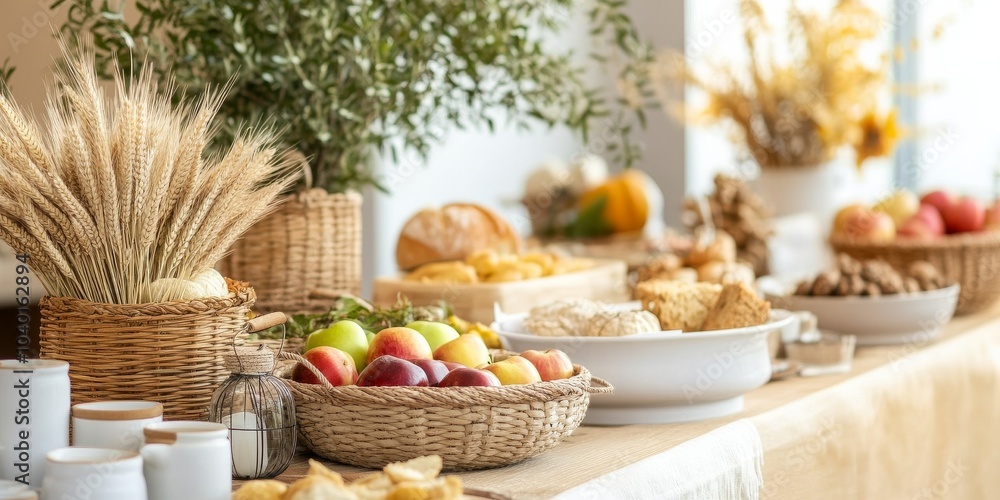 harvest table showcases apples, bread, and wheat in baskets, creating a rustic centerpiece for a seasonal Thanksgiving feast with a natural arrangement of fruits and food. harvest table showcases apples, bread, and wheat in baskets, creating a rustic centerpiece for a seasonal Thanksgiving feast with a natural arrangement of fruits and food.