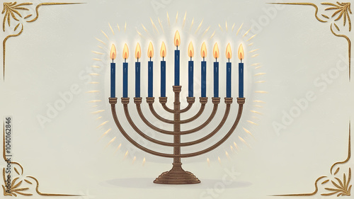 beautifully illustrated menorah with glowing candles, symbolizing celebration of Hanukkah. soft colors and warm light create festive and joyful atmosphere