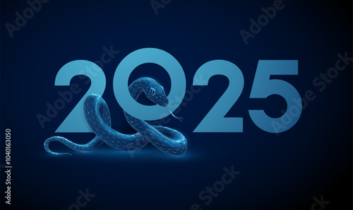 Abstract blue digital snake with the head inside the number 0 and number 2025. Animal chinese symbol of the year