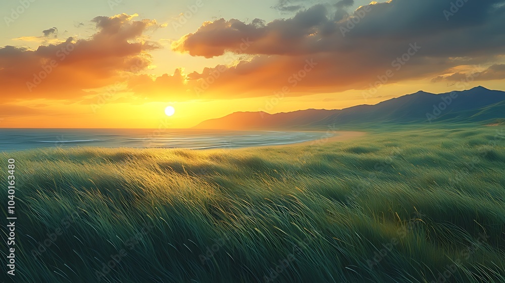 A vibrant sunset paints the sky above a field of tall grass blowing in the wind, with the ocean and distant mountains in the background. A vibrant sunset paints the sky above a field of tall grass blowing in the wind, with the ocean and distant mountains in the background.